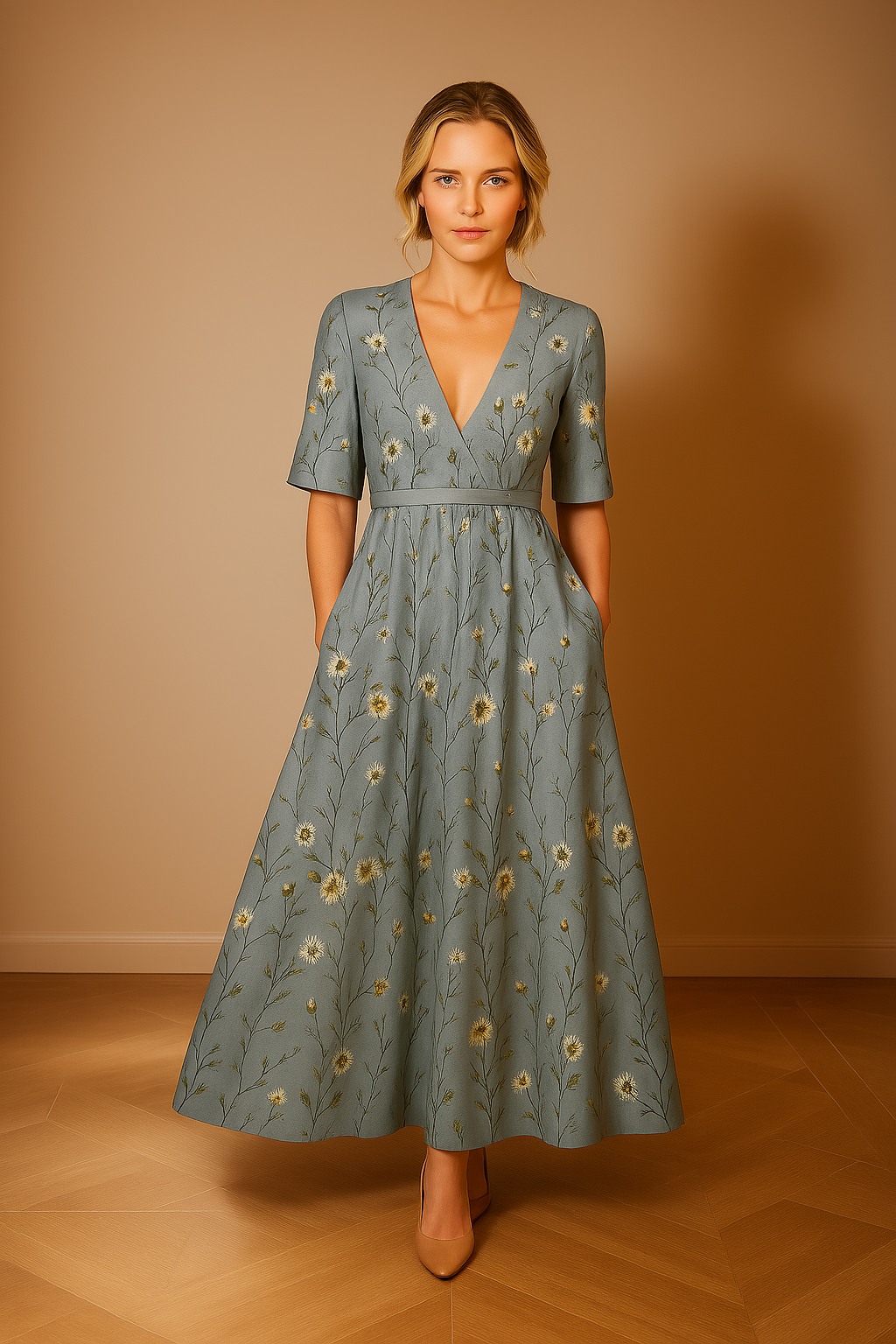 Ameliora – Elegant Bloom Print Dress